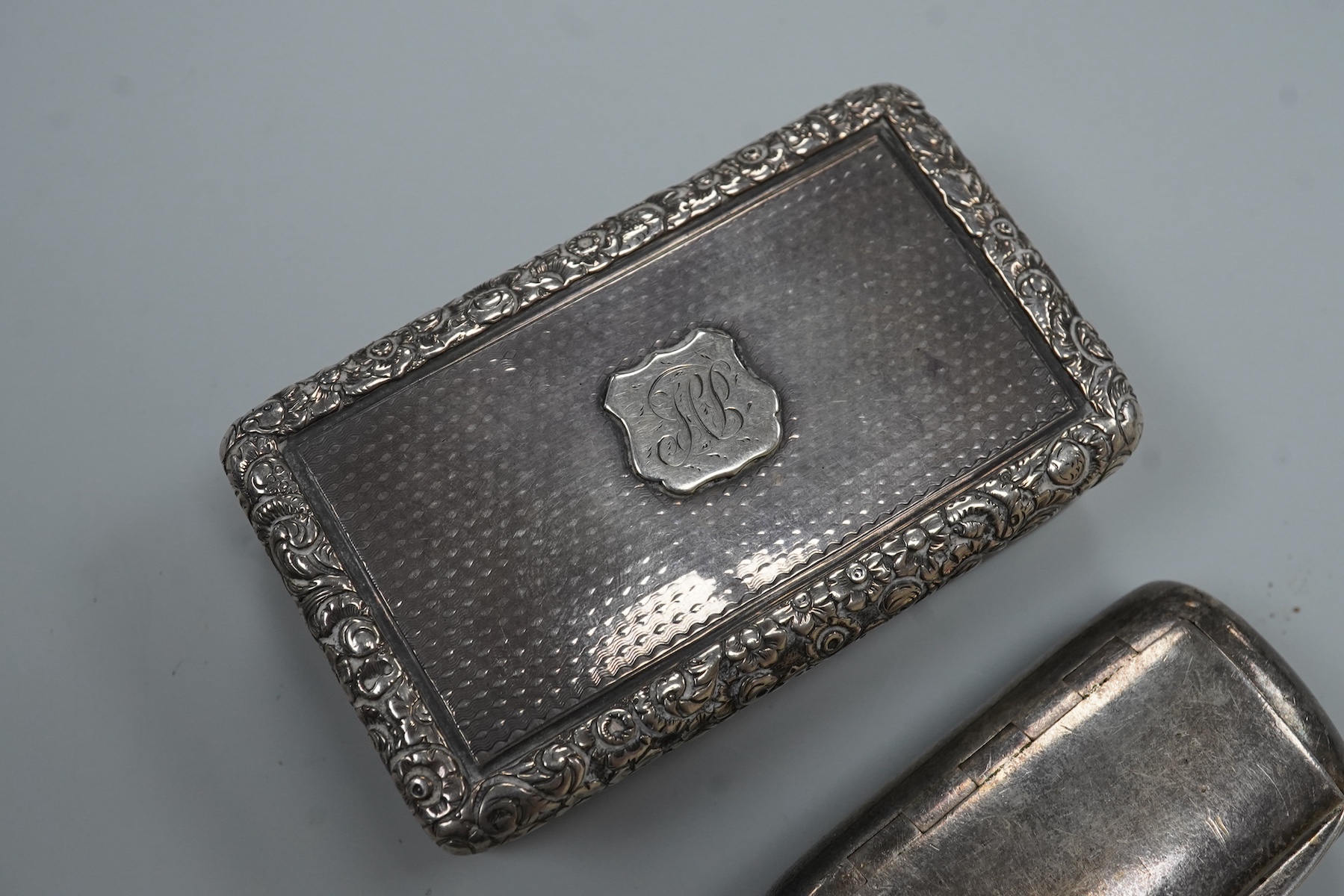 A William IV engine turned silver rectangular snuff box, by Joseph Wilmore, Birmingham, 1830, with later engraved inscription dated 1868 relating to a Turkish Baths in Brighton, known as The Hamman, 74mm, together with o